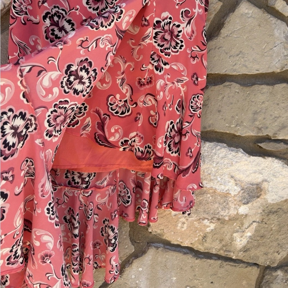Who What Wear Skirt 10 Pink Coral Floral Lined Layered Ruffled Side Excellent - Picture 3 of 9